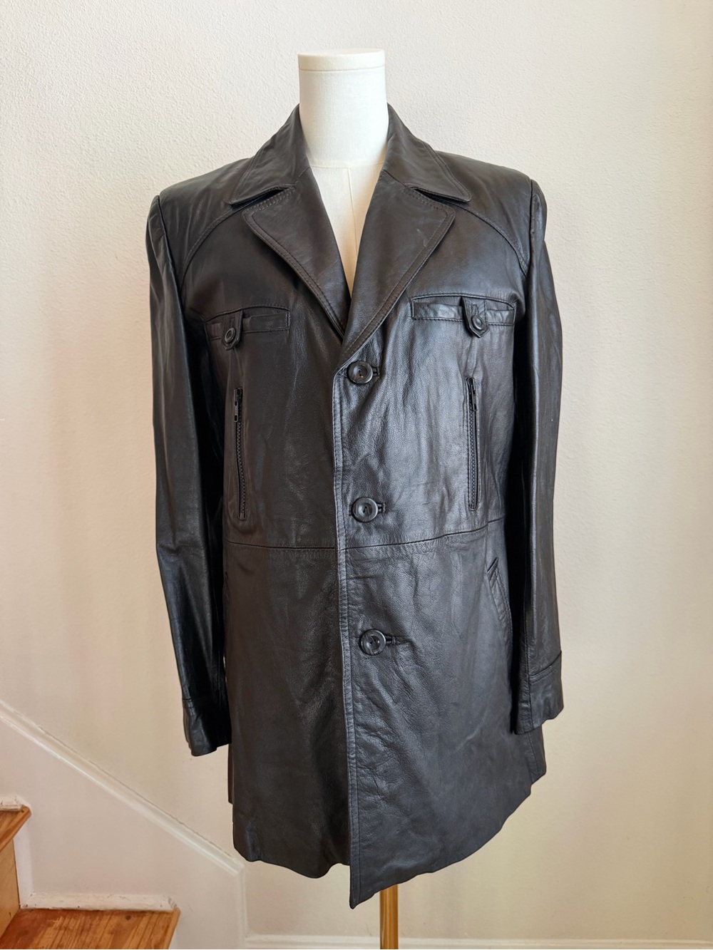 Golden Swallow Men's Black Vintage Leather Trench Coat